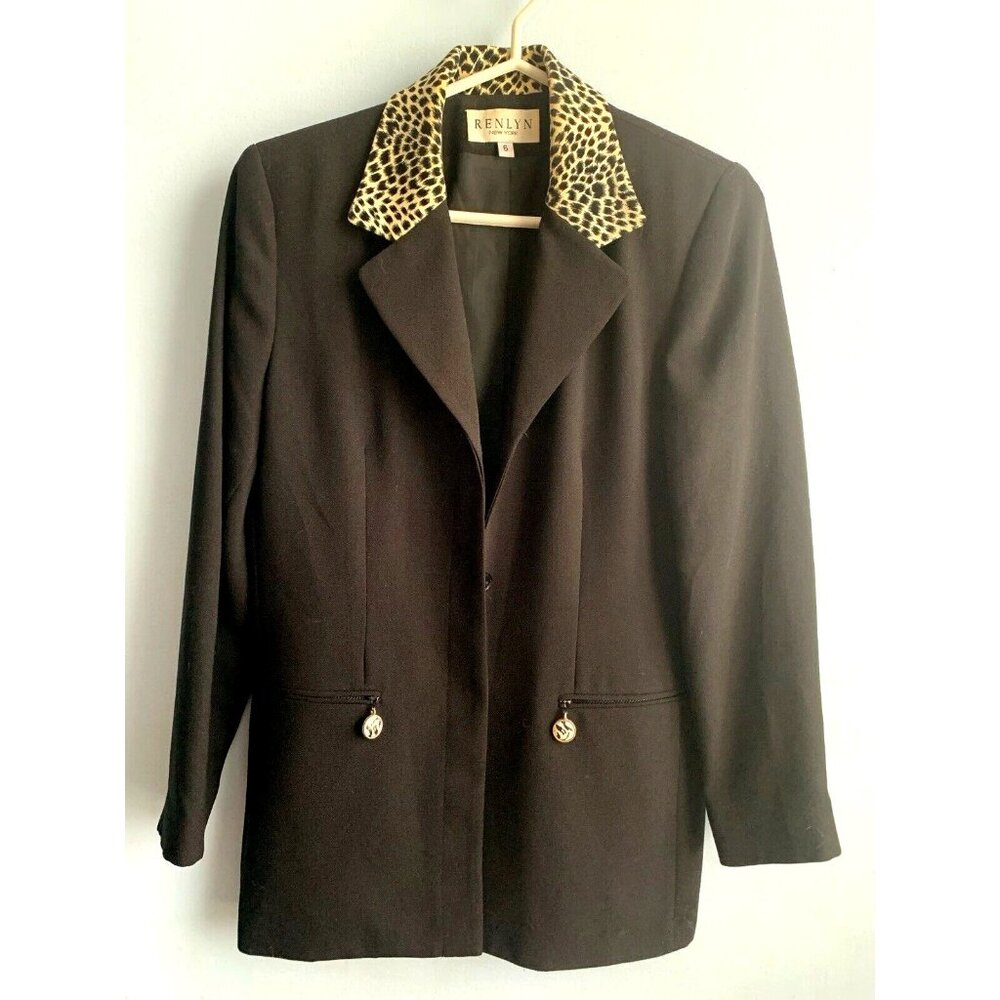 Vintage Renlyn New York Womens Black Long Sleeve Animal Print Collar Blazer Sz 6
